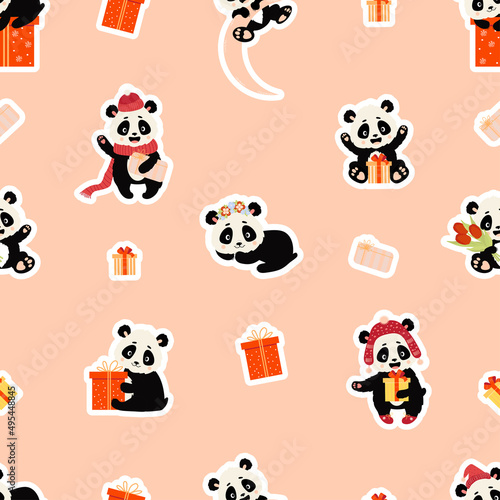 Fototapeta Naklejka Na Ścianę i Meble -  Seamless pattern with panda characters. Cute panda in winter hat with gifts, on moon and with bouquet of tulips on pink background with gift boxes. Vector illustration. kids collection for design