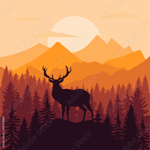 Vector landscape with silhouettes of mountains  trees and two deer with sunrise or sunset sky and lens flares EPS