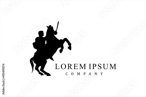 Horseback Knight Silhouette, Horse Warrior Paladin Medieval logo design with movie film