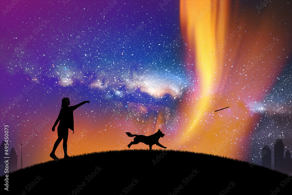 Girl play with dog in park at night. Woman and running pet. Milky Way