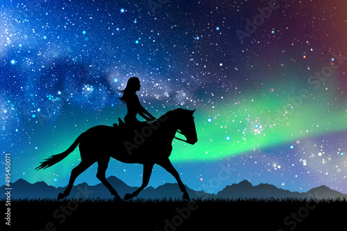 Girl on horse at night. Female rider silhouette. Milky Way and stars