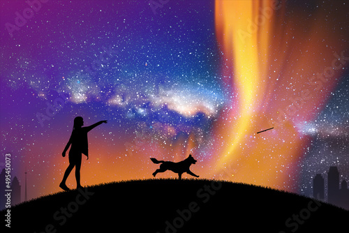 Girl play with dog in park at night. Woman and running pet. Milky Way