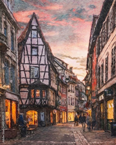 Impressionism painting modern artistic artwork, drawing oil Europe famous street, beautiful old vintage houses facade. Wall art design print template for canvas or paper poster, touristic production