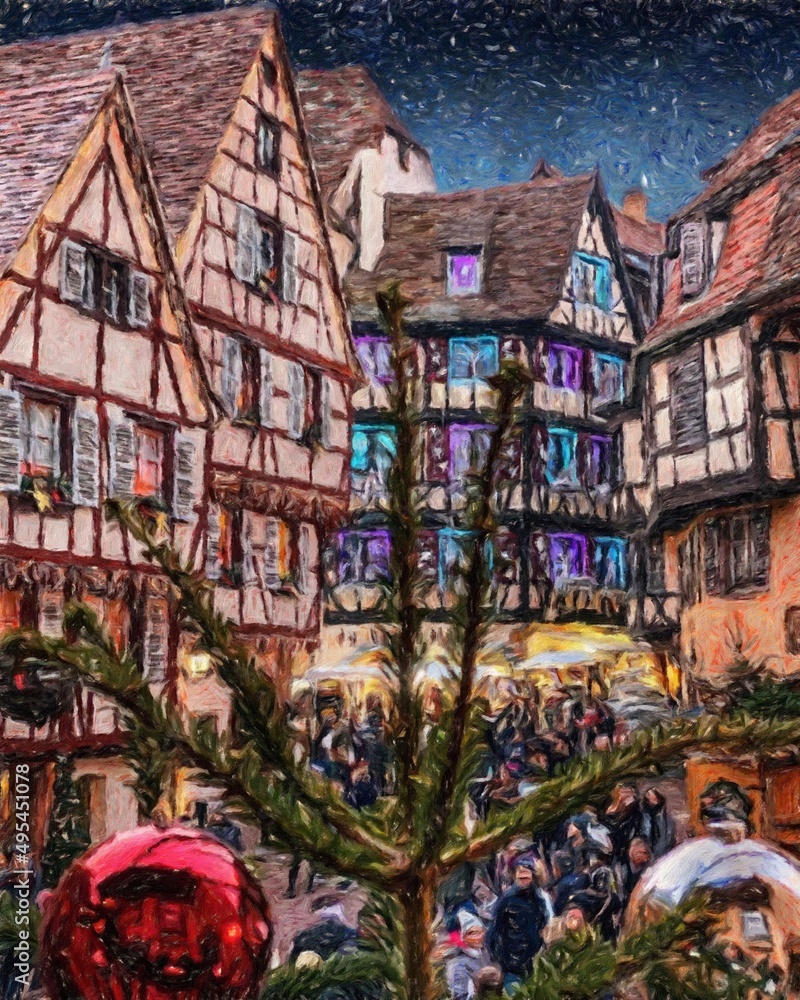 Fototapeta premium Impressionism painting modern artistic artwork, drawing oil Europe famous street, beautiful old vintage houses facade. Wall art design print template for canvas or paper poster, touristic production