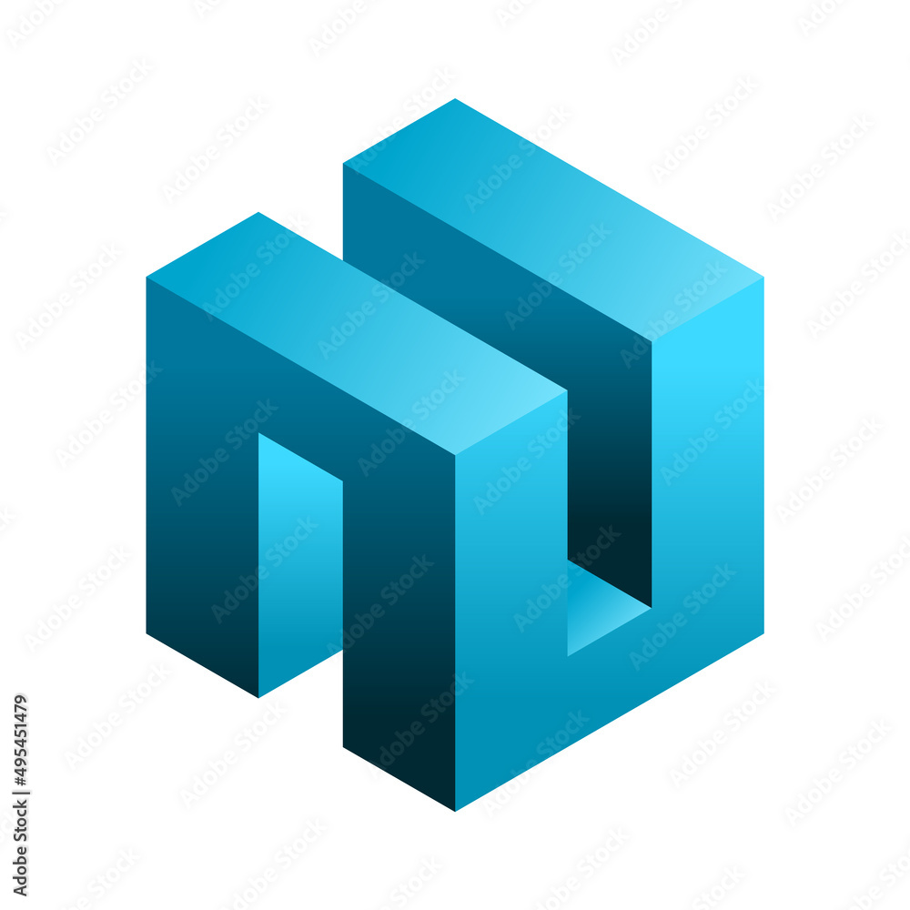 Abstract cubical shape. Architectural design element. Blue 3D box shape. Puzzle building block element. Isometric square object. Corporate logotype. Assembling square piece. Vector illustration, flat Abstract cubical shape. Architectural design element. Blue 3D box shape. Puzzle building block element. Isometric square object. Corporate logotype. Assembling square piece. Vector illustration, flat