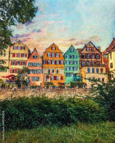 Impressionism painting modern artistic artwork, drawing oil Europe famous street, beautiful old vintage houses facade. Wall art design print template for canvas or paper poster, touristic production