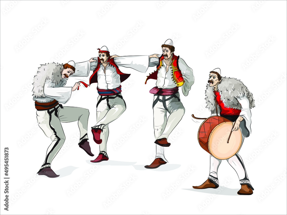 Albania folk dance from north, men dance tupan, vector