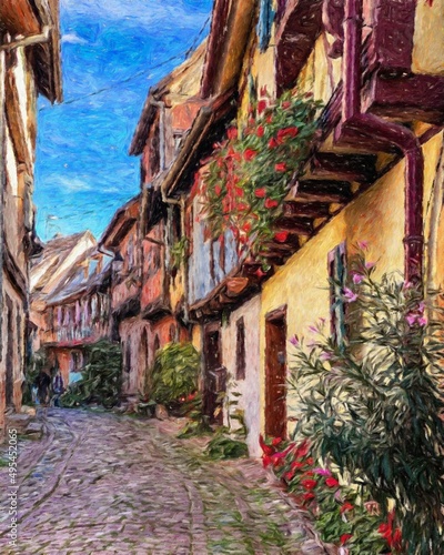 Fototapeta Naklejka Na Ścianę i Meble -  Impressionism painting modern artistic artwork, drawing oil Europe famous street, beautiful old vintage houses facade. Wall art design print template for canvas or paper poster, touristic production