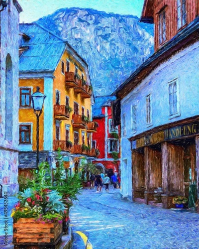 Fototapeta Naklejka Na Ścianę i Meble -  Impressionism painting modern artistic artwork, drawing oil Europe famous street, beautiful old vintage houses facade. Wall art design print template for canvas or paper poster, touristic production
