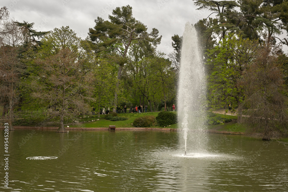 Close up of the puff of water in the pond of Crystal Palace in Retiro Park, Madrid, Spain. 