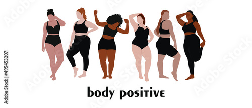 Plus size women in different poses. Creative template for advertising, banner, flyer. Vector illustration