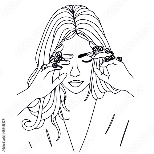 Picture of a young girl. Girl with flowers. Linear illustration on a white background. Vector illustration