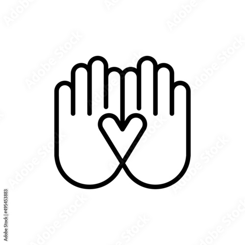 Black outline icon human hand and heart shape. Concept of love, cooperation, solidarity. Vector illustration, flat design