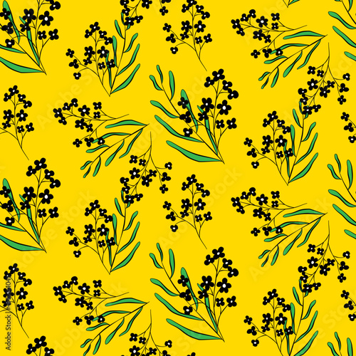 Vector seamless half-drop pattern, with leaves and flowers
