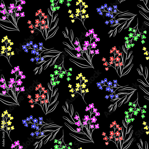 Vector seamless half-drop pattern, with leaves and flowers
