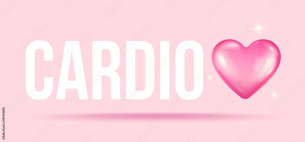 Vector illustration of a pink heart with pulse and text of cardio in realistic style. Heart and pulse in 3d style.