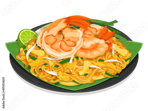 Pad thai shrimp noodles recipe. (Thai street food noodles) illustration vector.