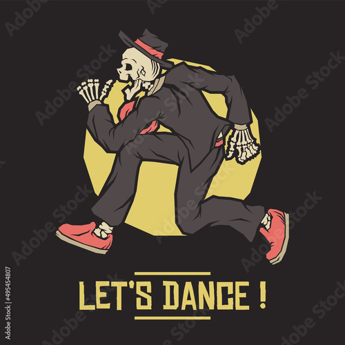 Retro illustration of skeleton doing pogo dance photo