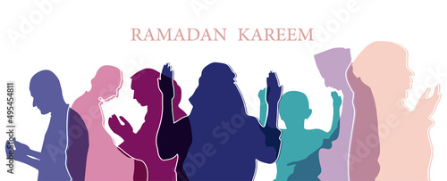 Silhouette of muslim men and woman praying,  ramadan kareem