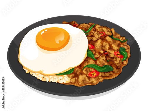 Spicy thai holy basil chicken with egg over rice dish recipes illustration vector. (Pad Kra Pao, Kra Pow Kai)
