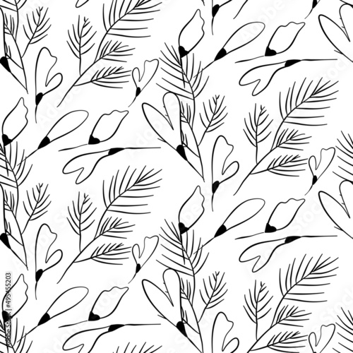 Vector seamless half-drop pattern, with leaves and flowers