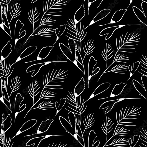 Vector seamless half-drop pattern, with leaves and flowers