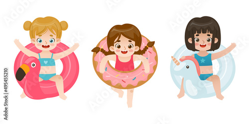 Summer girls on inflatable rings set. Collection of cute swimming children in swimwear.