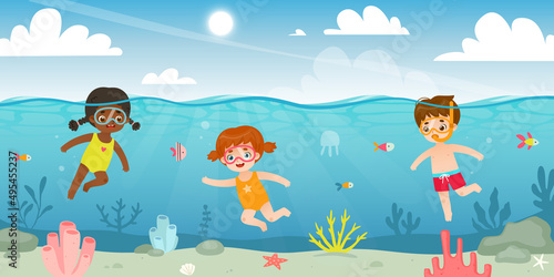 Cute kids diving in the sea. Cartoon children snorkeling in the ocean. Young divers watching the fish on coral reef.
