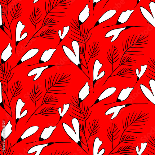 Vector seamless half-drop pattern, with leaves and flowers