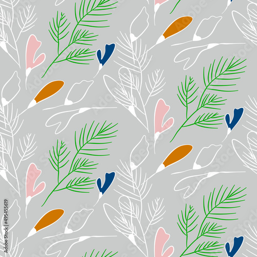 Vector seamless half-drop pattern, with leaves and flowers