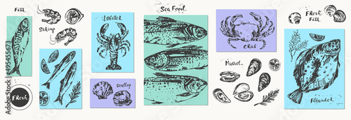 Hand drawn chalk sketch of seafood and fish