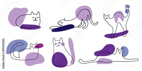 Set of funny hand drawn cats. Playful kitten and abstract modern shapes in very peri color isolated on white background.