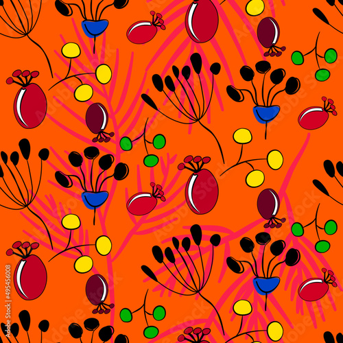 Vector seamless half-drop pattern, with leaves and bud