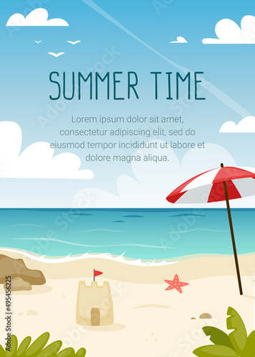 Summer beach vertical banner. Paradise sea coast poster template with text. Summertime vacation advertisement.