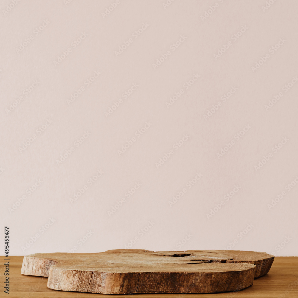 Wooden slice on wooden table and copy space