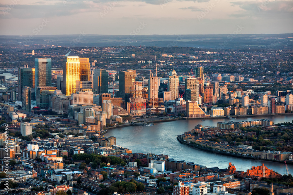 Fototapeta premium Aerial view at sunset of Canary Wharf London