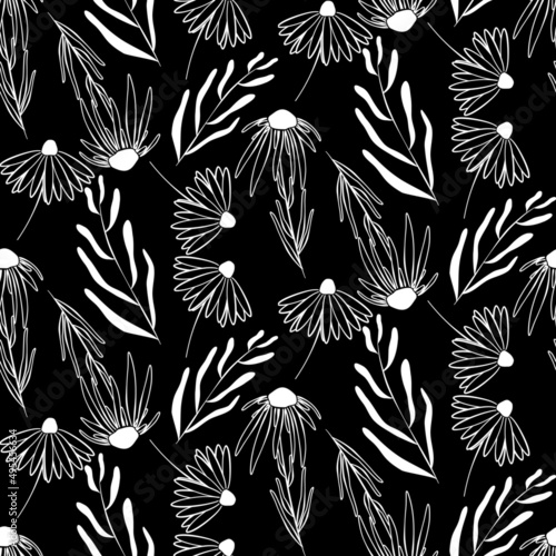 Vector seamless half-drop pattern, with leaves and flowers