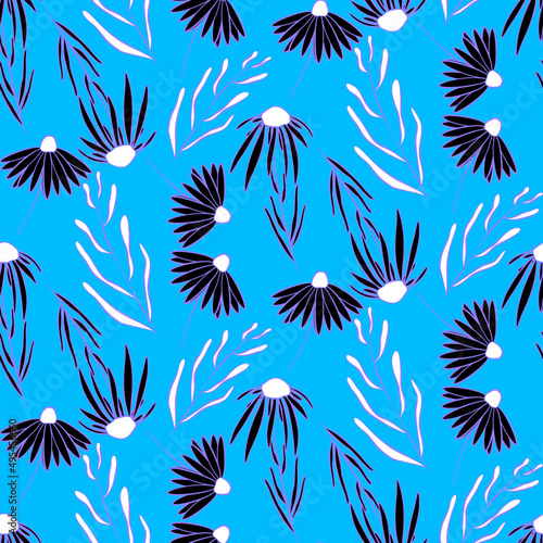 Vector seamless half-drop pattern, with leaves and flowers