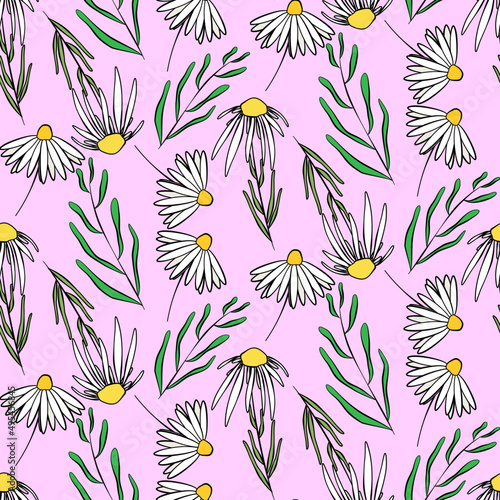 Vector seamless half-drop pattern, with leaves and flowers