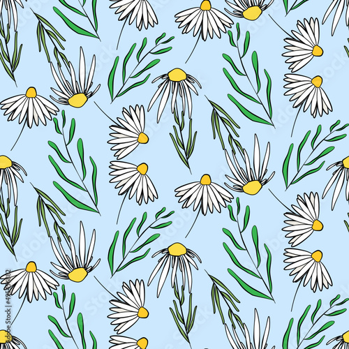 Vector seamless half-drop pattern, with leaves and flowers