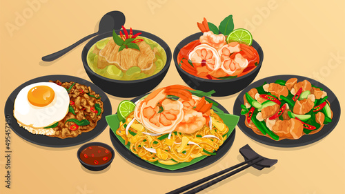 Thai street food restaurant menu illustration vector. (Stir fried crispy pork with kale, Pad Kana Moo Krob, Tom Yum Kung, Tom Yum Goong, Pad Kra Pao, Kra Pow Kai, Keang Keaw Wan Kai, Pad Thai)