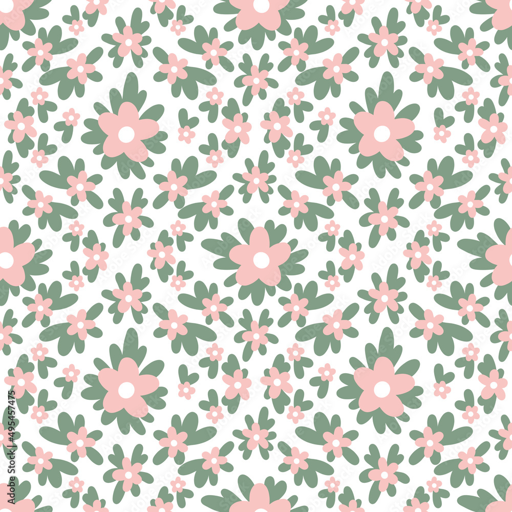 Seamless pattern of doodle style pink flowers. Floral wallpaper design. Romantic fabric design.
