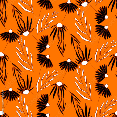 Vector seamless half-drop pattern, with leaves and flowers