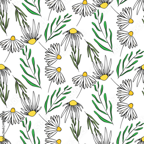 Vector seamless half-drop pattern, with leaves and flowers
