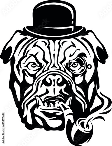 Vector image of a bulldog in a hat with a smoking pipe 