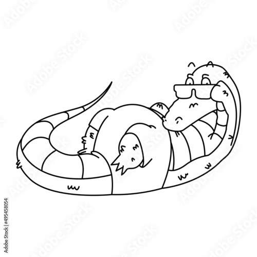 Coloring illustration of cartoon crocodile with lie down pose