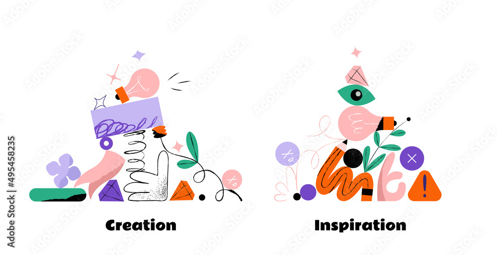 Two modern illustrations, with stacked and balancing figures, graphic design, inspiration, creative skills, problem solving, work tasks. 