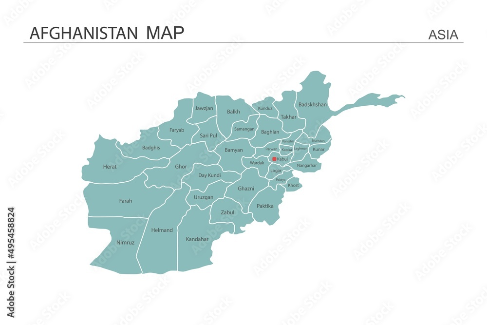 Afghanistan map vector illustration on white background. Map have all province and mark the capital city of Afghanistan.