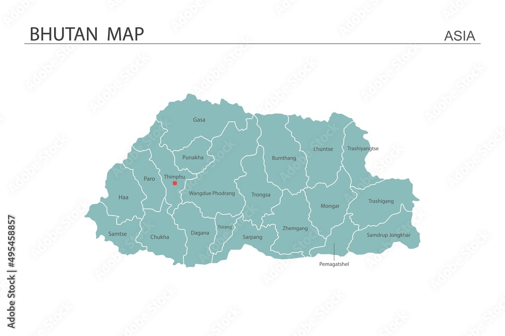 Bhutan map vector illustration on white background. Map have all province and mark the capital city of Cambodia.