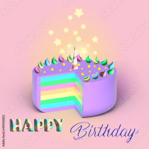 birthday card with cake, 3d cake, unicorn, magic cake